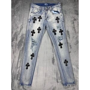 ZCL Mens Distressed Cross Patch Denim Jeans Light Wash Blue Size 30 Streetwear